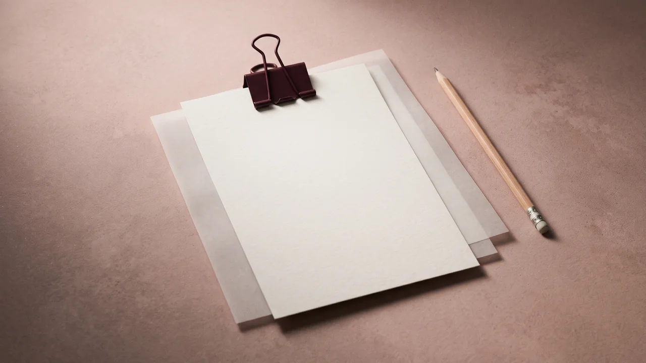 Leere Papierblätter mit Klammer und Bleistift